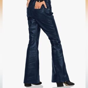 Laverapelle Women’s Genuine Lambskin Dark Blue Leather Skinny Flare Pants